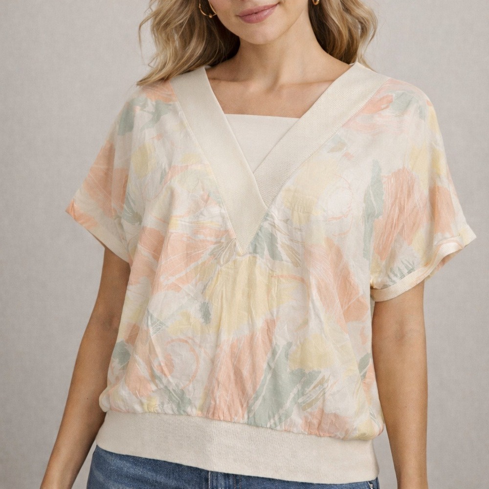Vintage D K Gold Donnkenny Blouse Abstract Pastel V Neck Women's L 80s Top USA